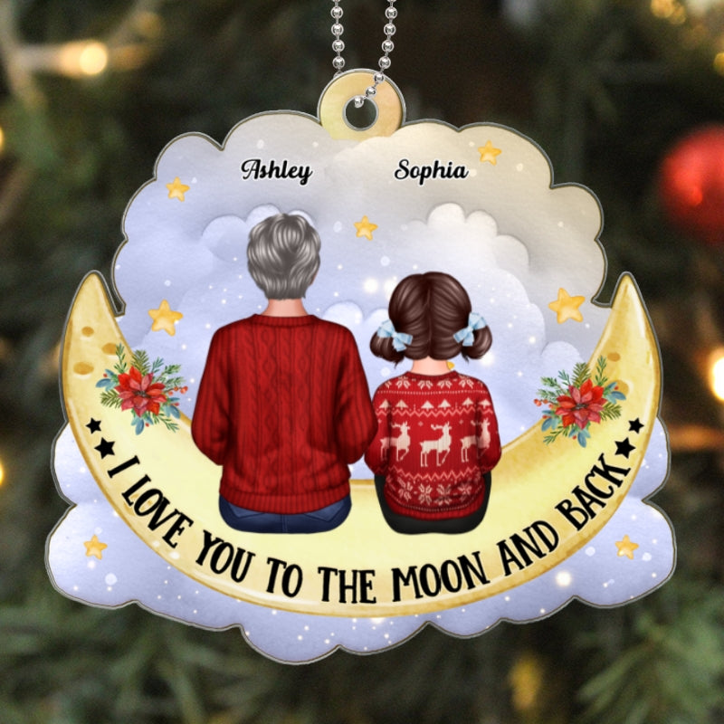 Grandma And Grandkids Back View Cute Moon Cloud Personalized Acrylic Ornament